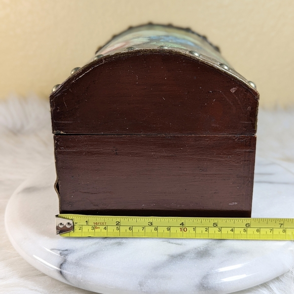 Vintage Hand Painted Roses Wood Jewelry Trinket Box Trunk Leather Trim - Picture 5 of 12
